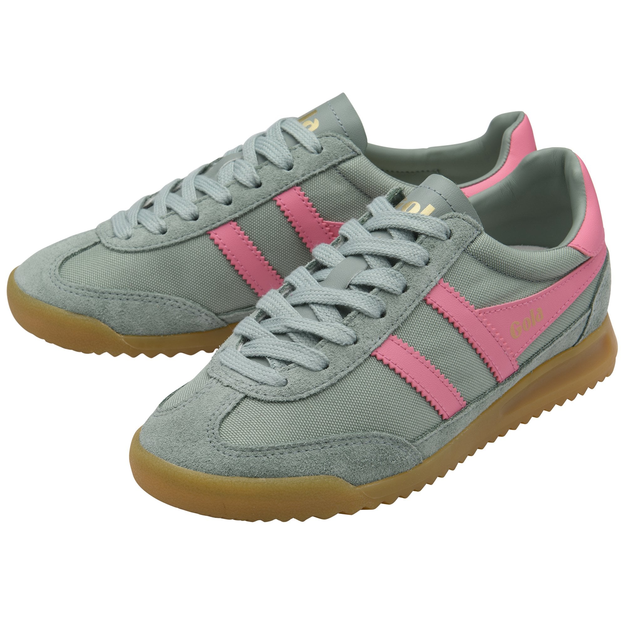Pair of Gola sneakers in grey with pink stripes and gum soles