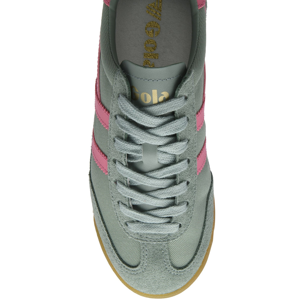 Top-down view of a grey Gola sneaker with pink stripes and grey laces.