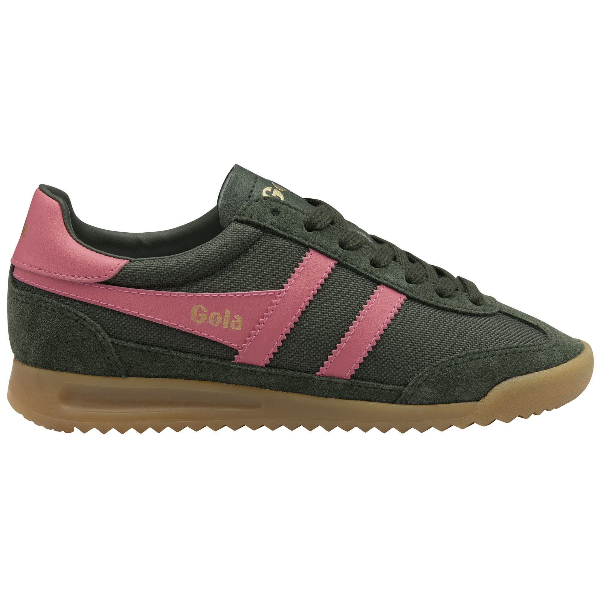 Dark green Gola sneakers with pink stripes and a brown sole.