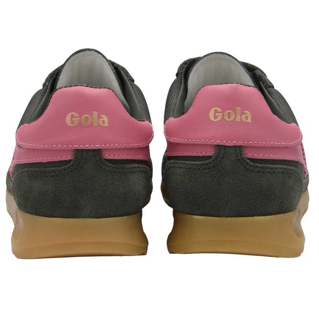 Rear view of two dark gray and pink Gola sneakers with tan soles.