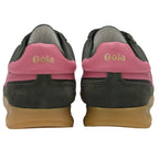Rear view of two dark gray and pink Gola sneakers with tan soles.