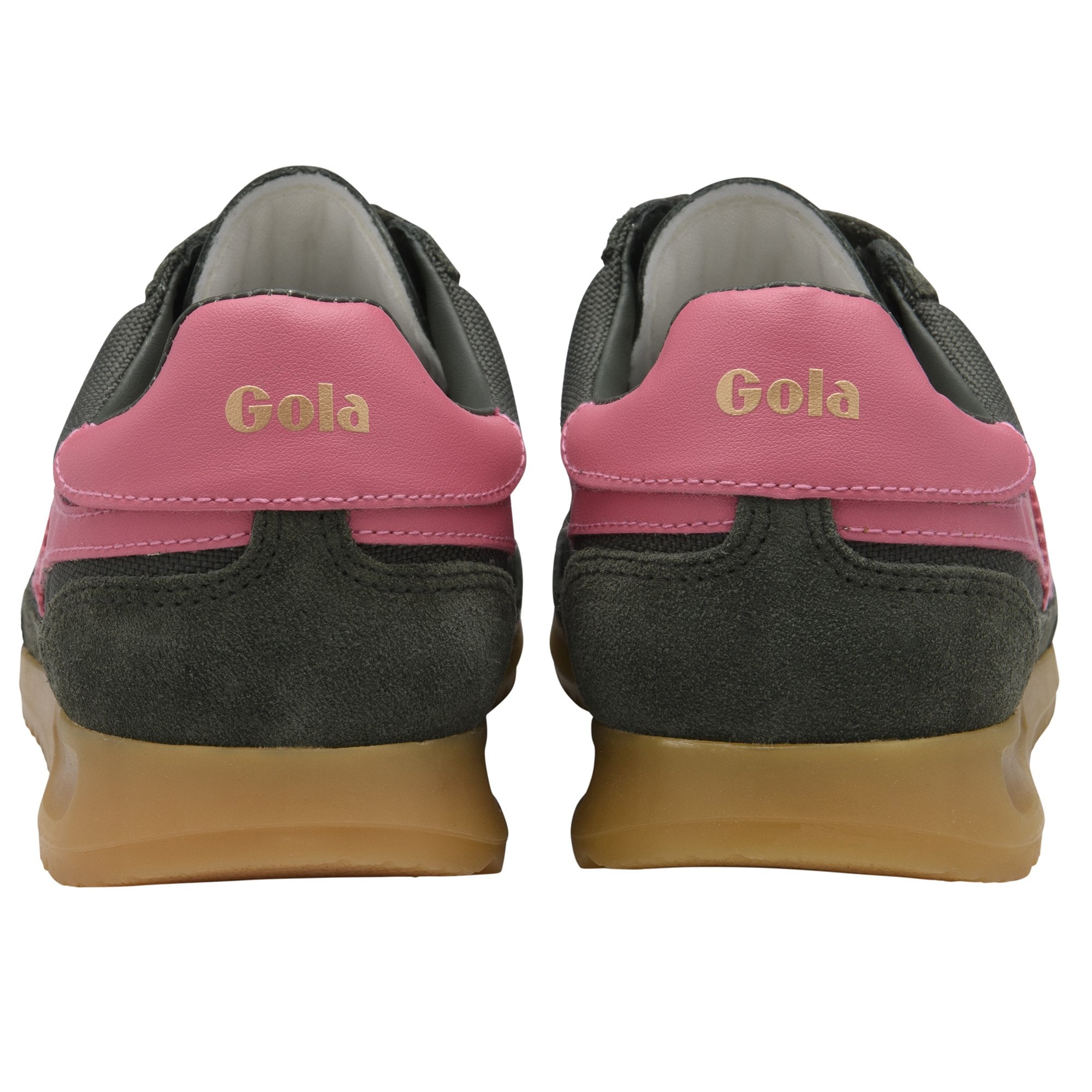 Rear view of two dark gray and pink Gola sneakers with tan soles.