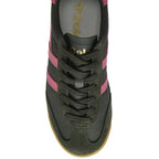 Top-down view of a dark green Gola sneaker with pink stripes and laces.