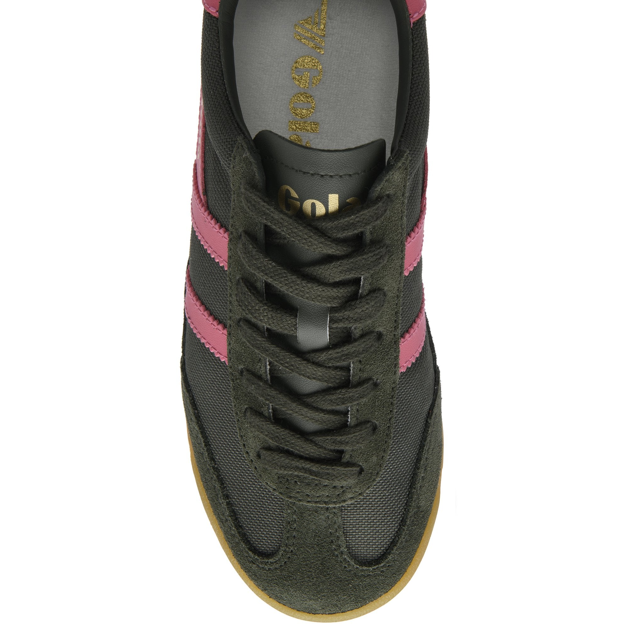 Top-down view of a dark green Gola sneaker with pink stripes and laces.
