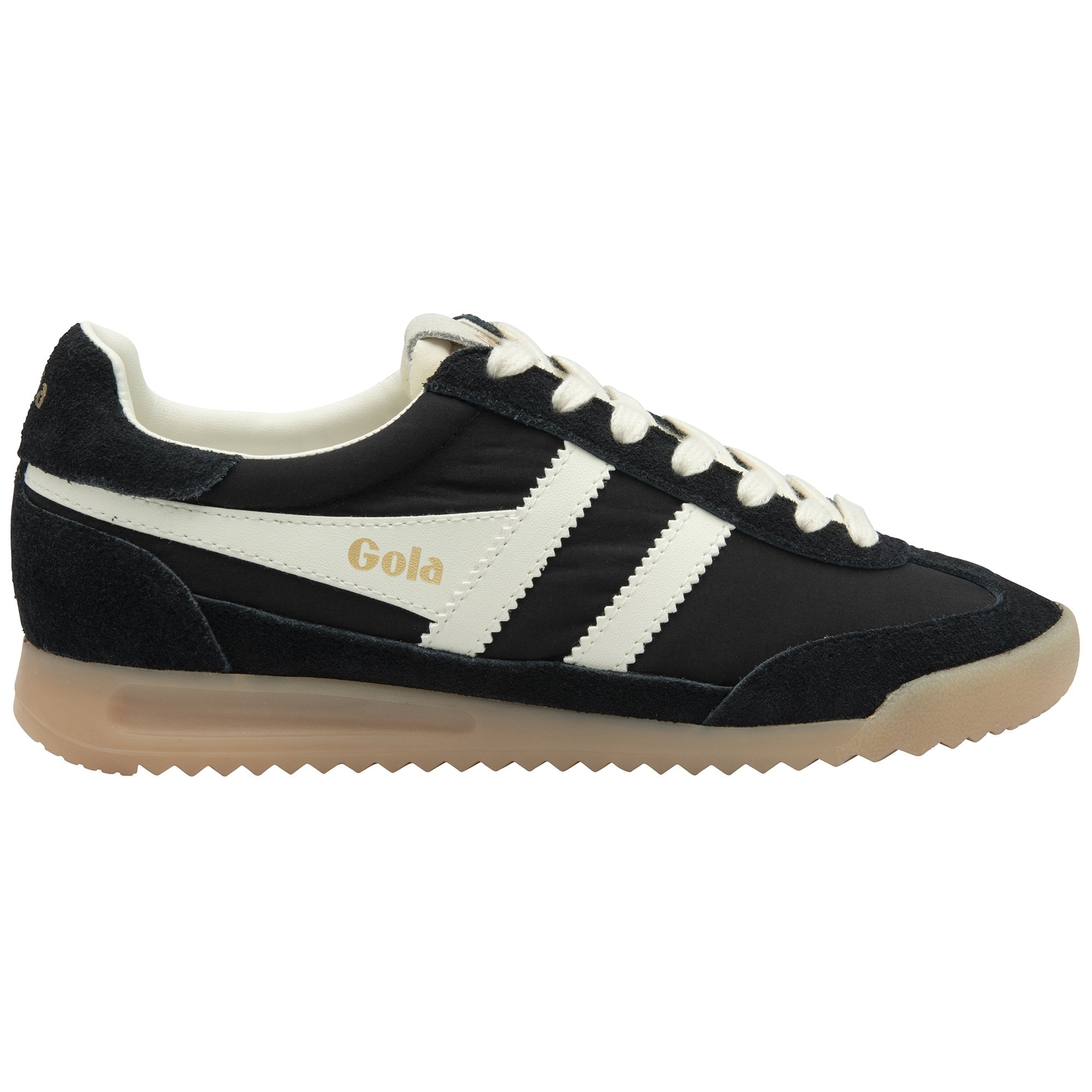 Black Gola sneakers with white stripes and laces, and a translucent brown sole.
