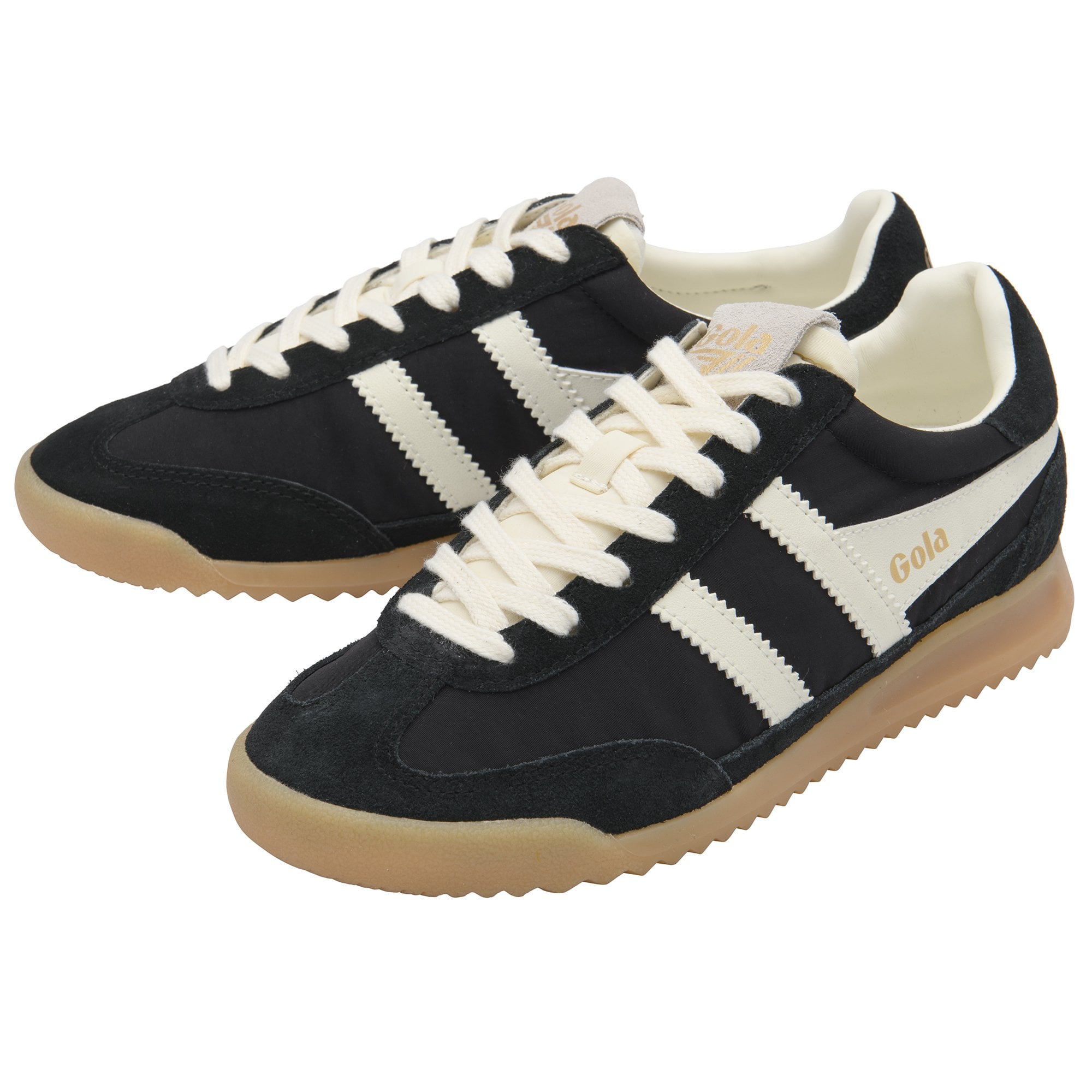 Pair of black Gola sneakers with white stripes and cream laces on a white background.