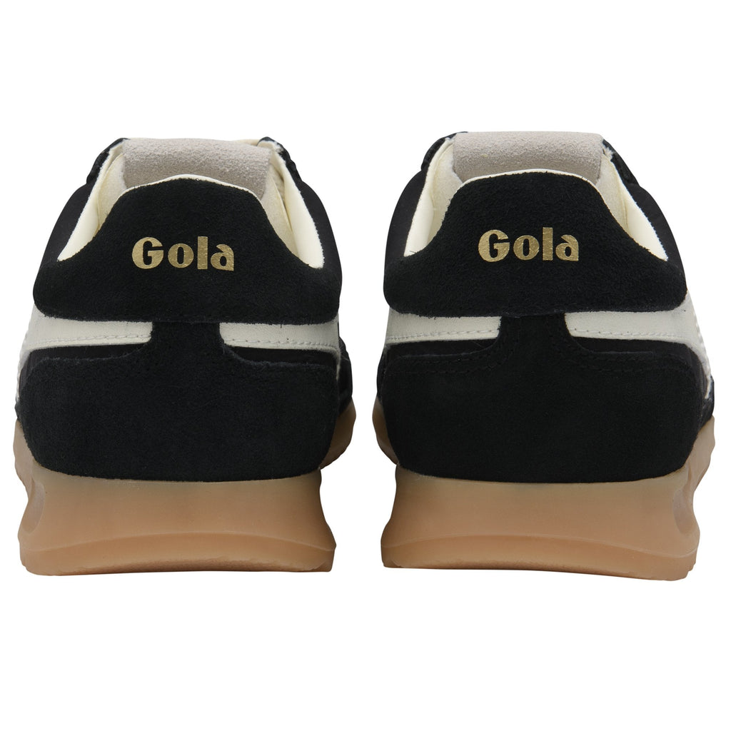 Rear view of black Gola sneakers with white accents and gum soles.