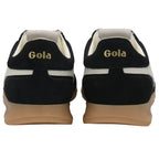 Rear view of black Gola sneakers with white accents and gum soles.