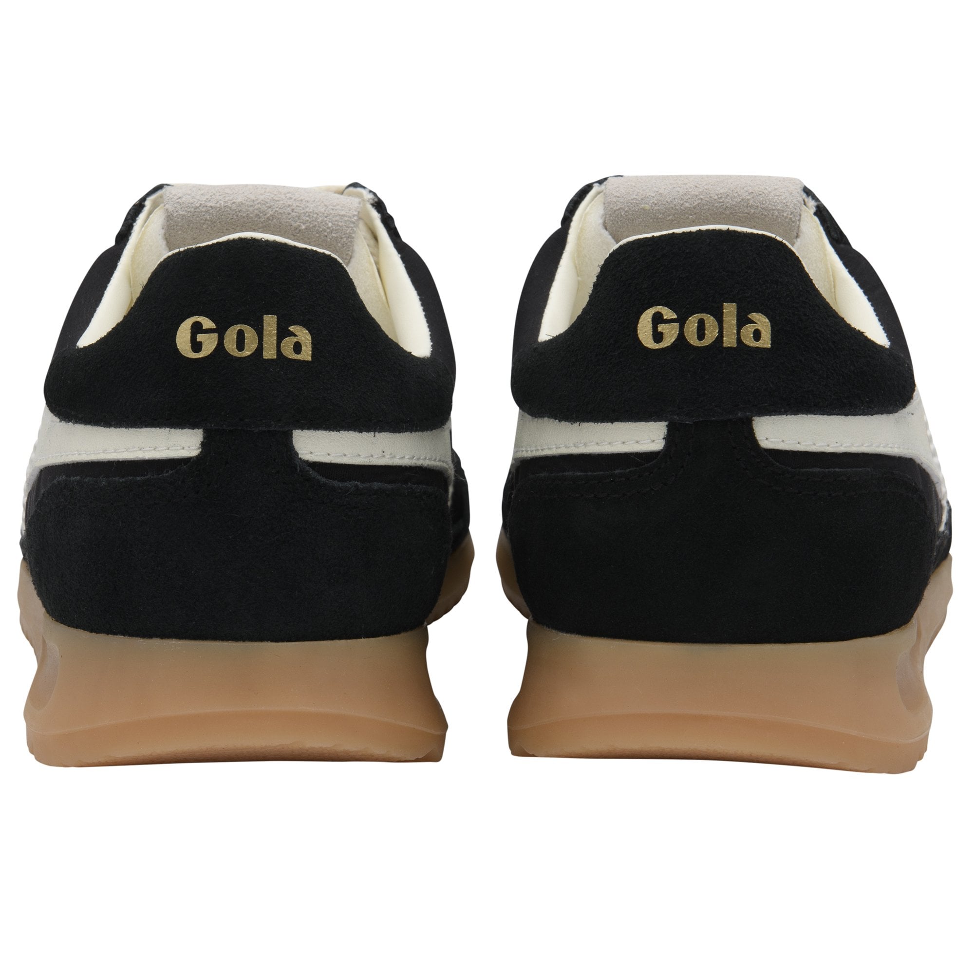 Rear view of black Gola sneakers with white accents and gum soles.