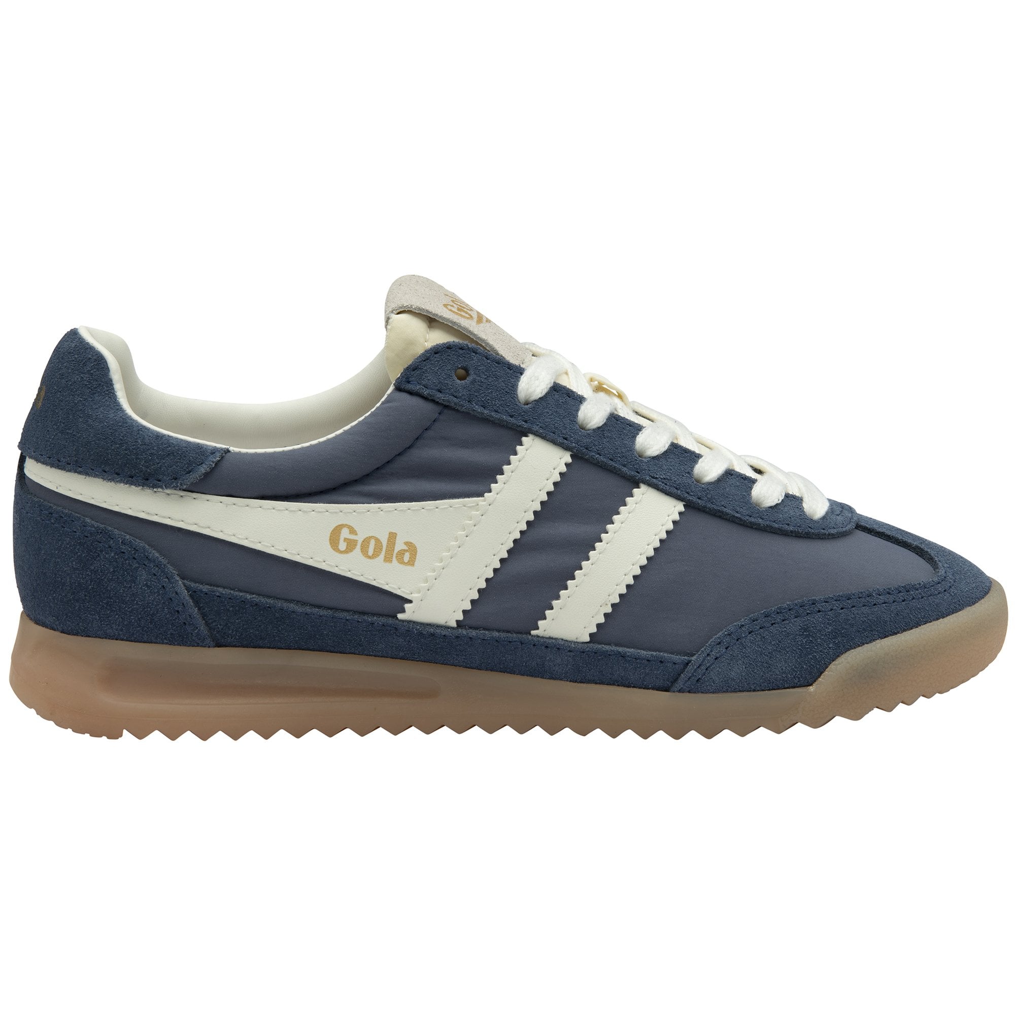 Blue Gola sneakers with white stripes and laces, and a brown sole.