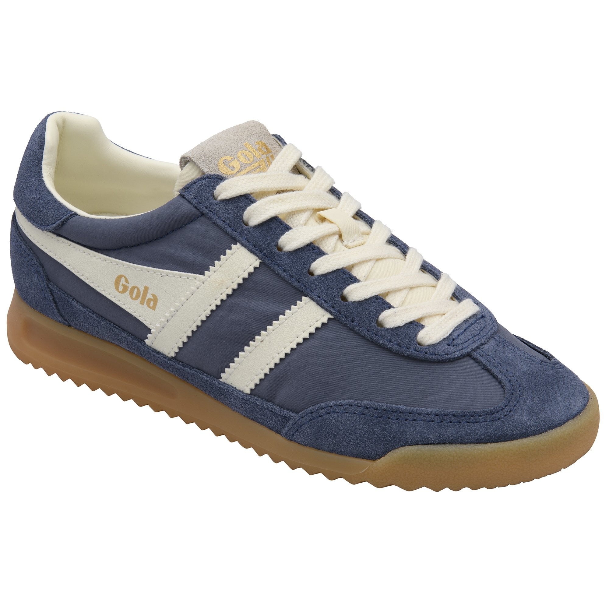 Navy blue Gola sneakers with white stripes and cream laces on a white background.