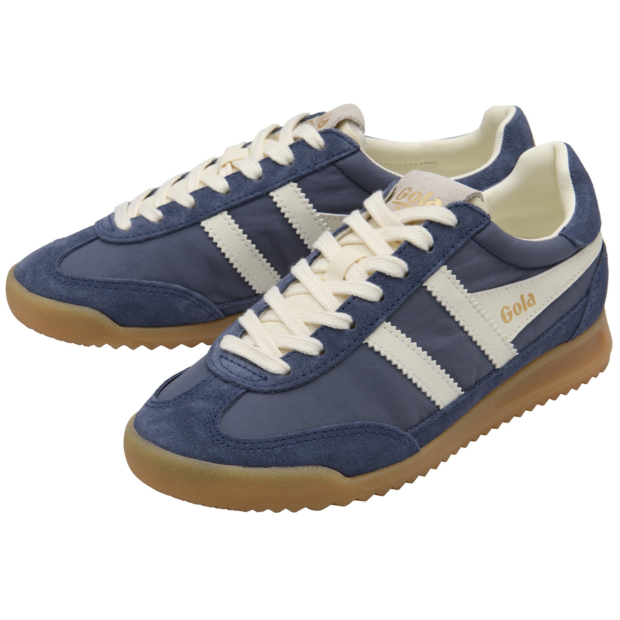 Pair of Gola Harrier suede trainers in navy with off-white laces and side stripes