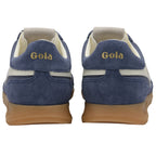 Rear view of two navy blue suede Gola sneakers with white stripes and gum soles.