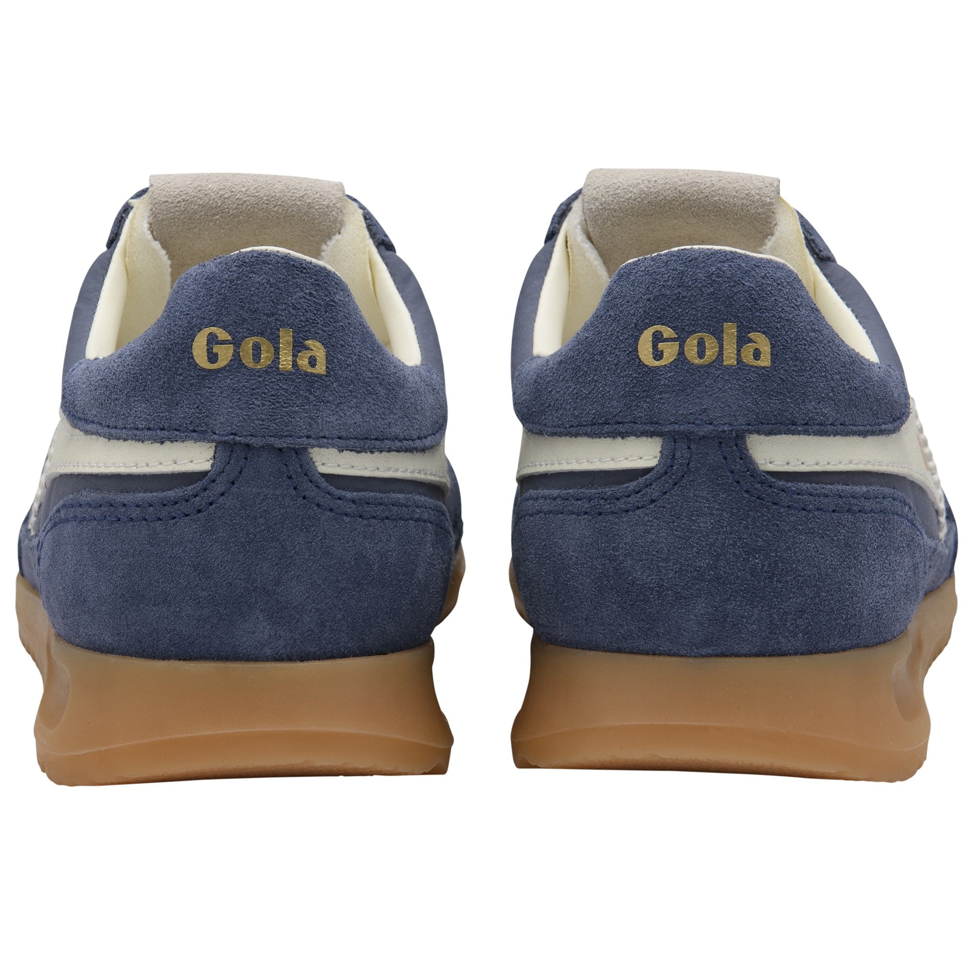 Rear view of two navy blue suede Gola sneakers with white stripes and gum soles.