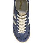 Overhead view of a blue Gola sneaker with cream laces and stripes.