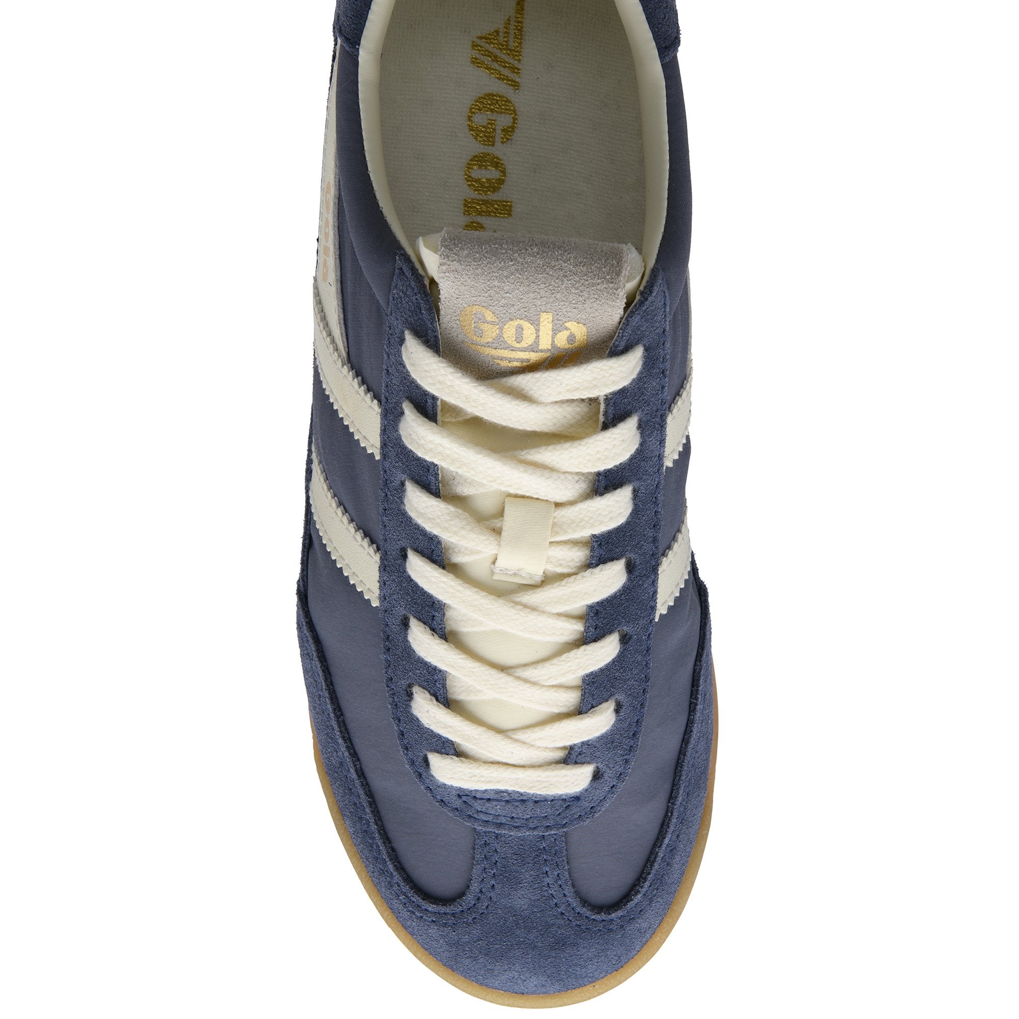 Overhead view of a blue Gola sneaker with cream laces and stripes.