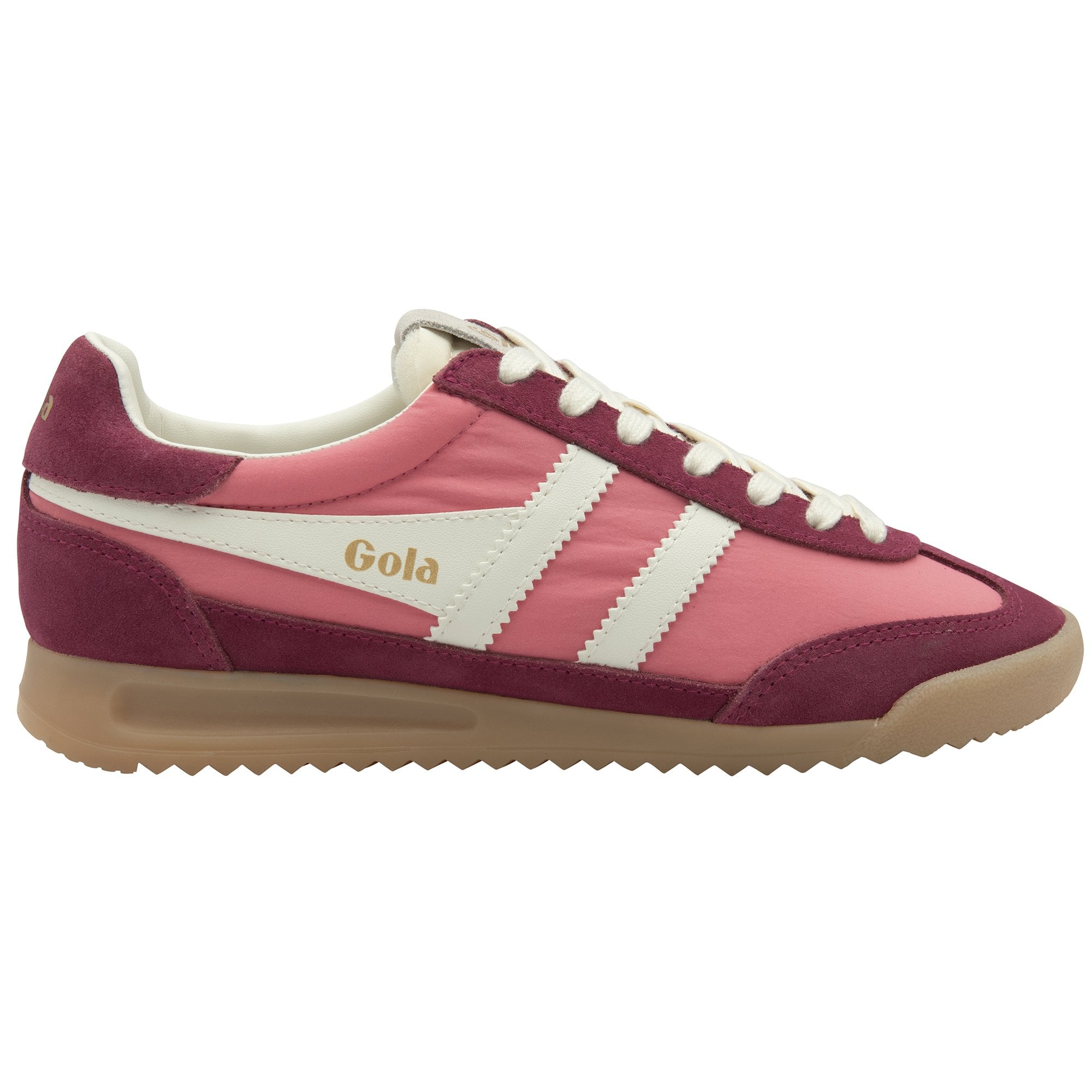 Pink and maroon Gola sneakers with white stripes and laces, and a tan sole.