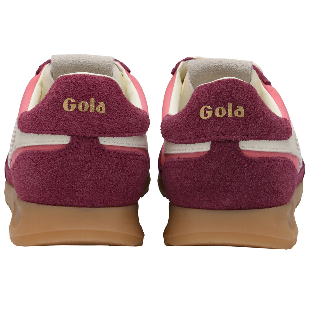 Back view of two Gola sneakers with maroon suede, pink accents, and gum soles.