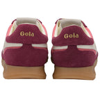 Back view of two Gola sneakers with maroon suede, pink accents, and gum soles.