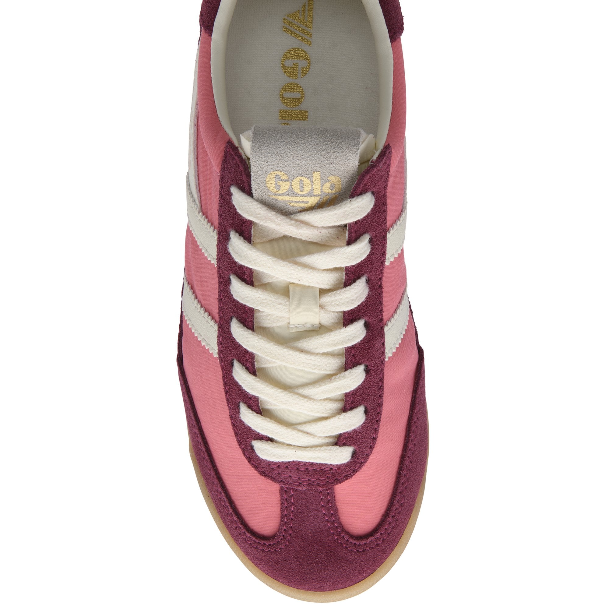 Top down view of a pink and maroon Gola trainer with white laces and white stripes on the side