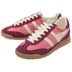 Pair of Gola sneakers in pink and burgundy with white stripes and laces, on a white background.