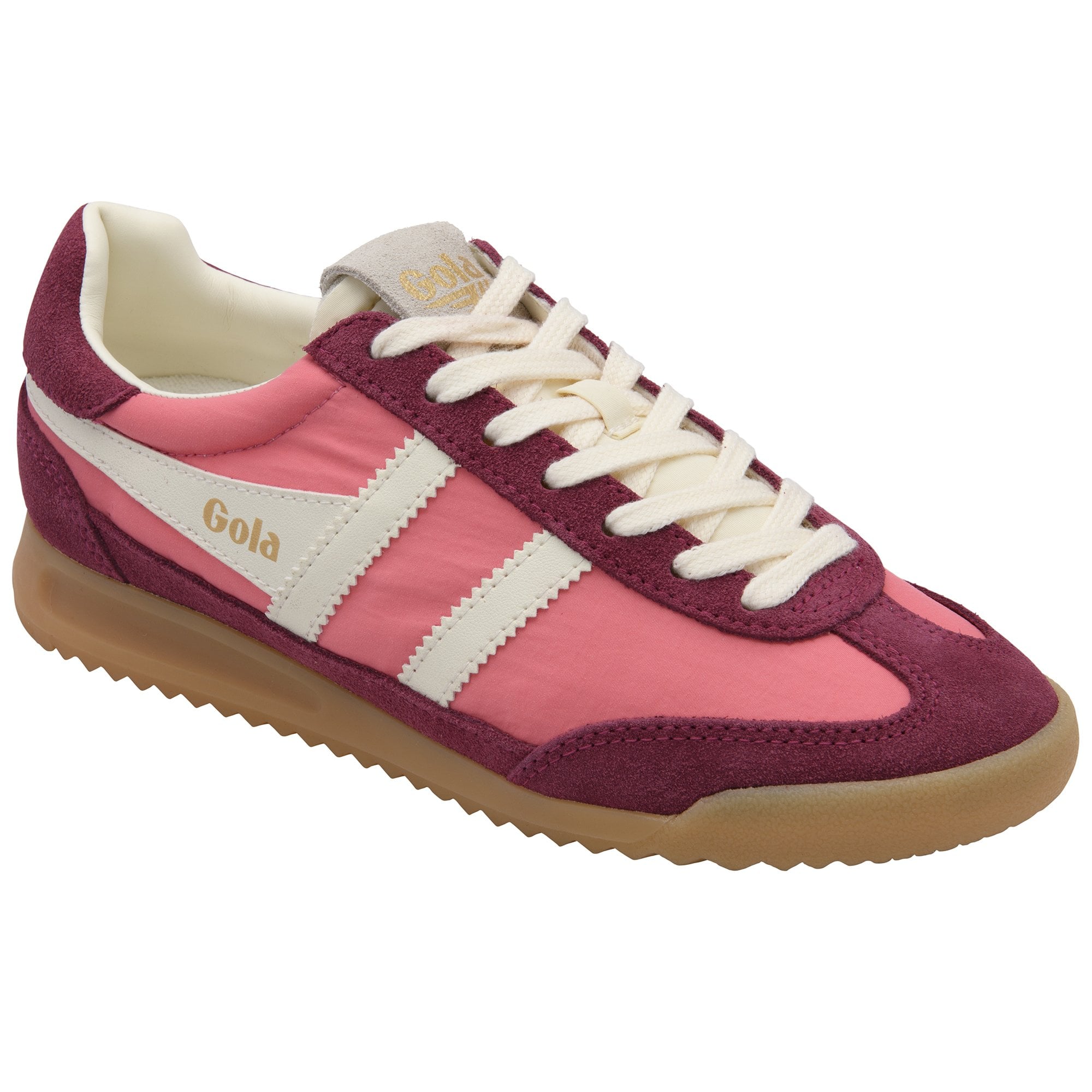 Pink and burgundy Gola sneakers with white stripes and cream laces.