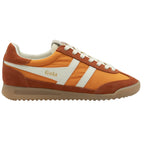 Orange Gola sneaker with white stripes and laces, brown suede accents, and a brown sole.