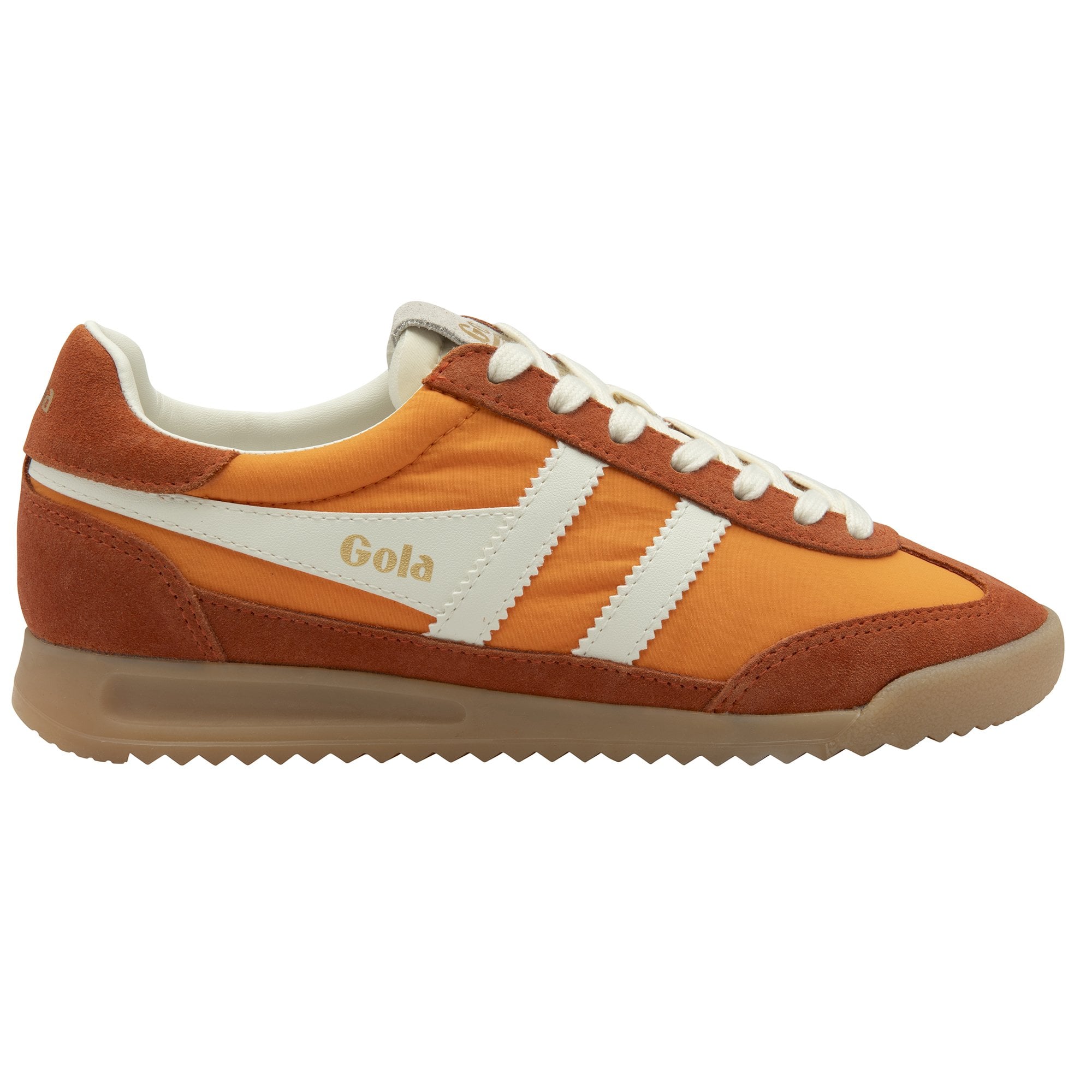 Orange Gola sneaker with white stripes and laces, brown suede accents, and a brown sole.