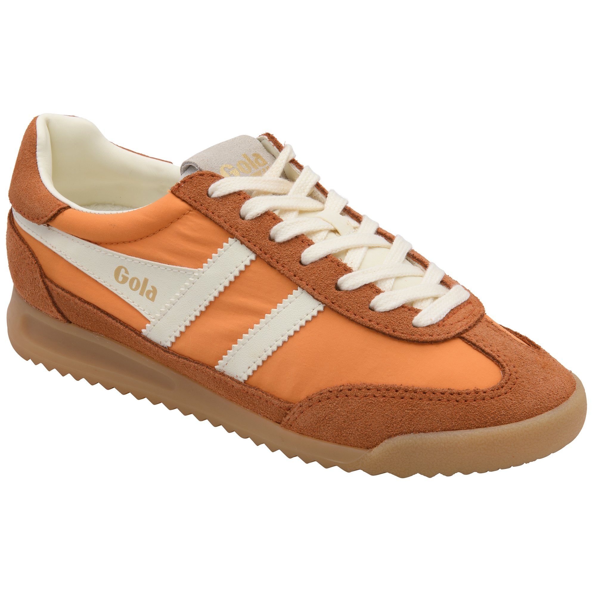 Orange Gola sneakers with white stripes and laces, brown suede accents, and a gum sole.