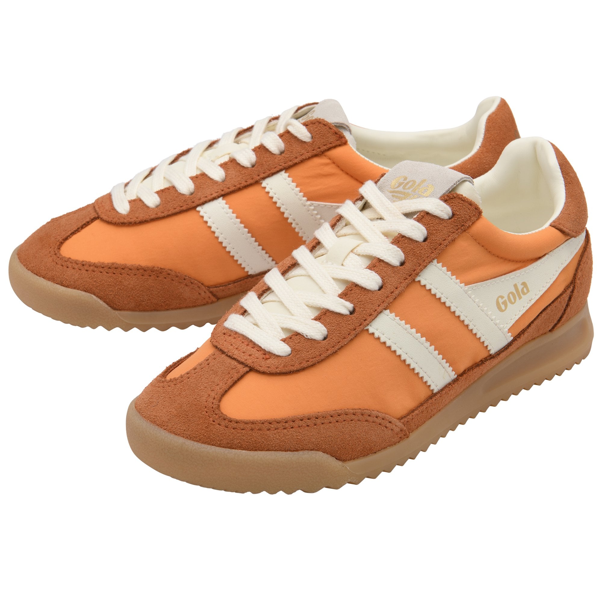 Pair of Gola Harrier trainers in orange with brown suede trim and white stripes