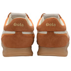 Rear view of two Gola sneakers in orange and brown suede with white accents and gum soles.