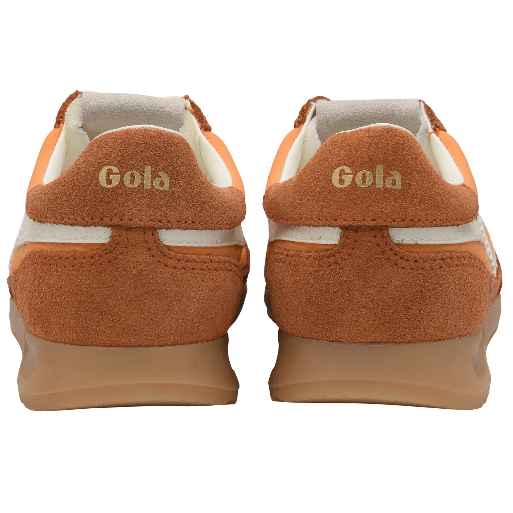 Rear view of two Gola sneakers in orange and brown suede with white accents and gum soles.