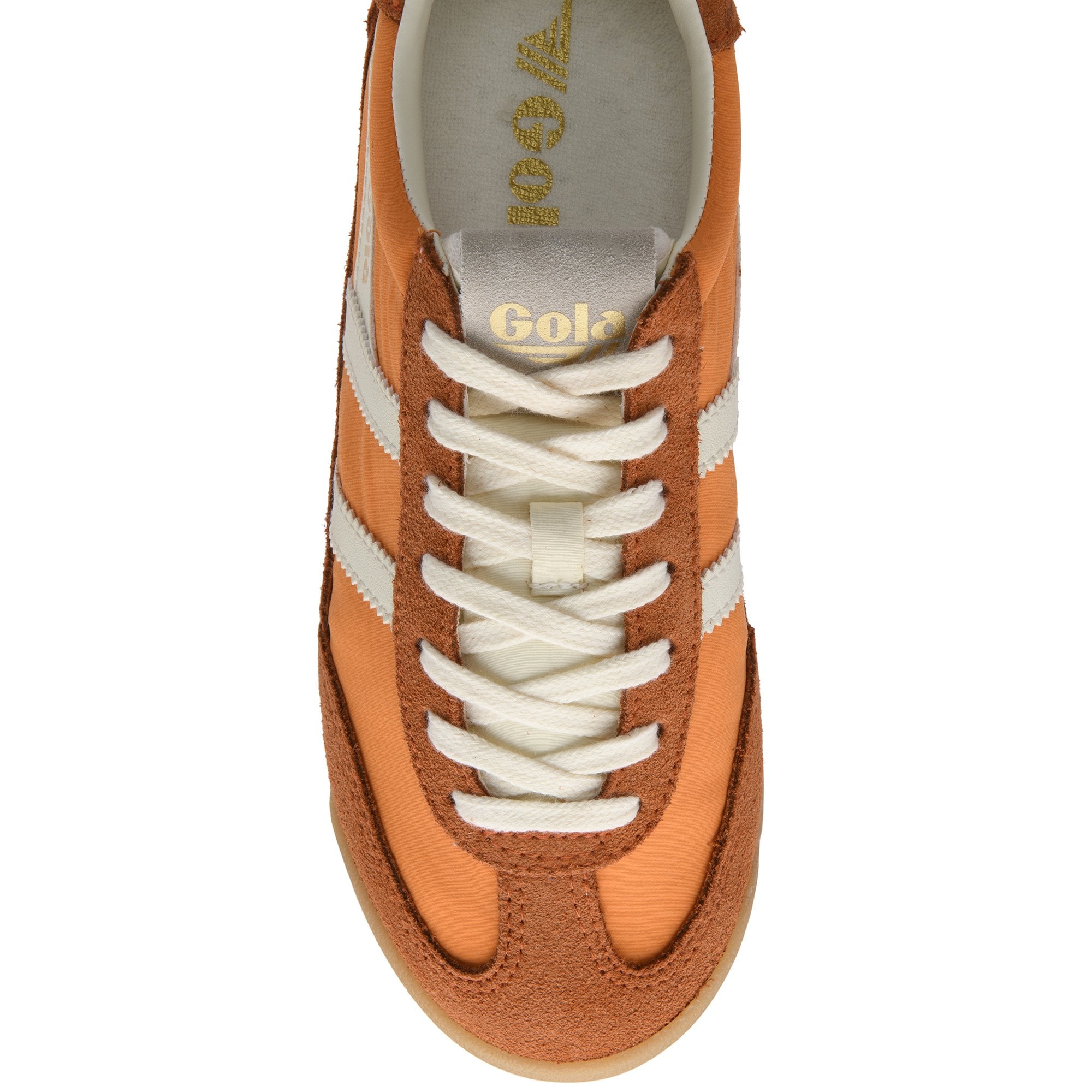 Top-down view of an orange Gola sneaker with white laces and white side stripes