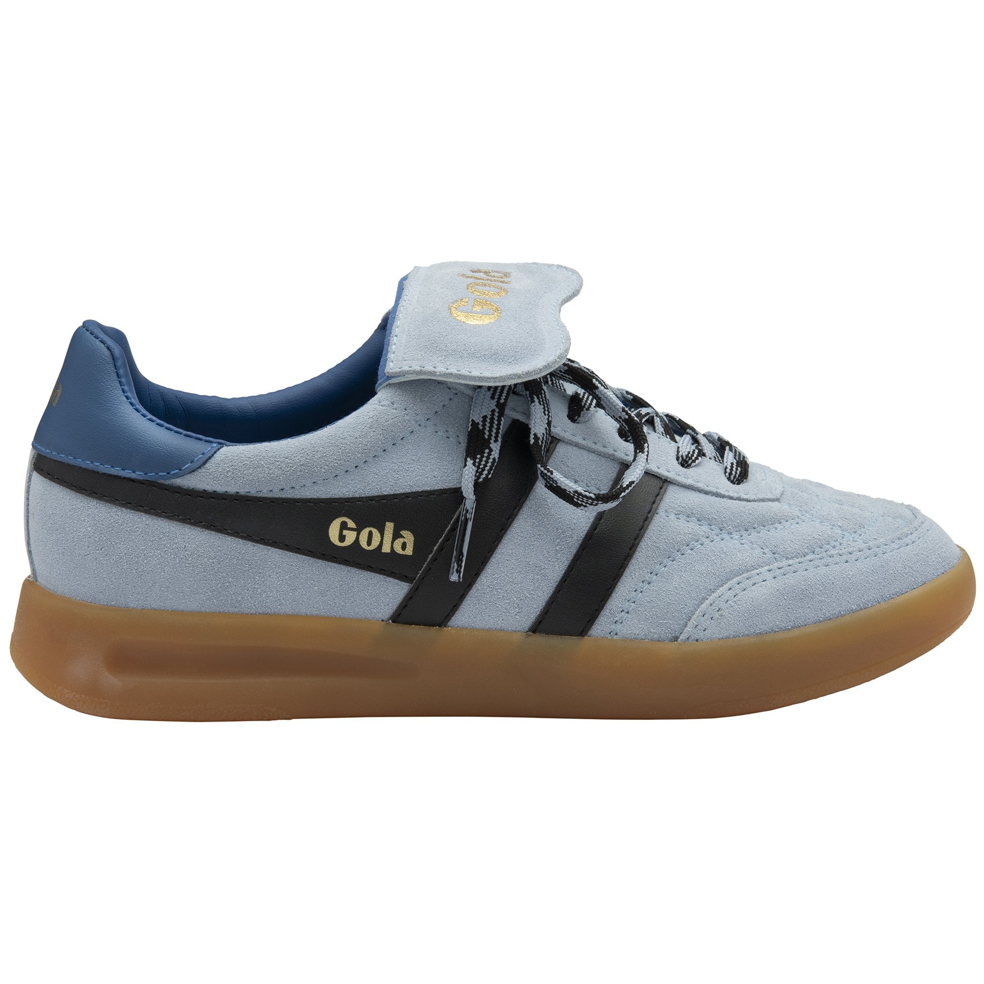 Light blue Gola sneaker with black stripes, gold logo, and brown sole.