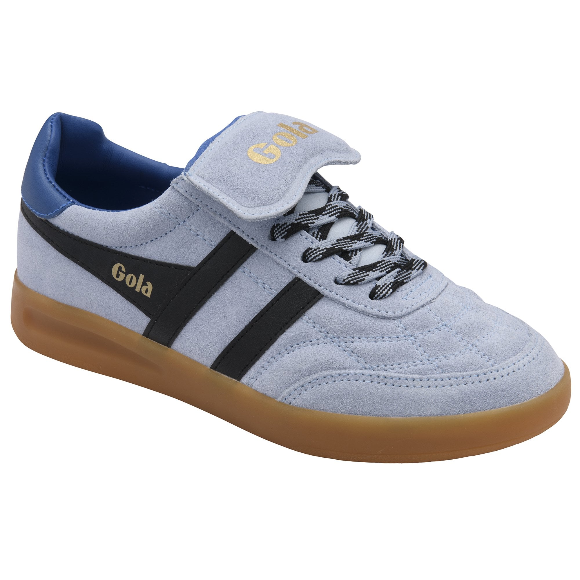 Light blue suede Gola sneaker with black stripes, blue trim, and a gum sole.