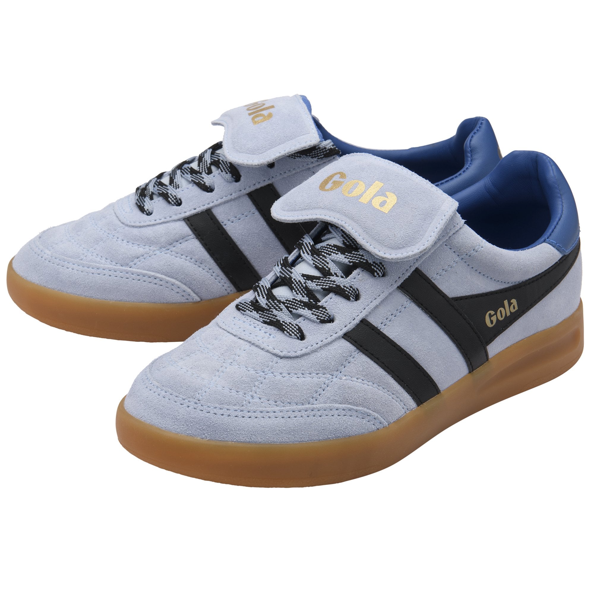 Pair of light blue Gola sneakers with black stripes, black and white laces, and brown soles