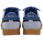 Rear view of two light blue suede Gola sneakers with blue trim and gum soles.