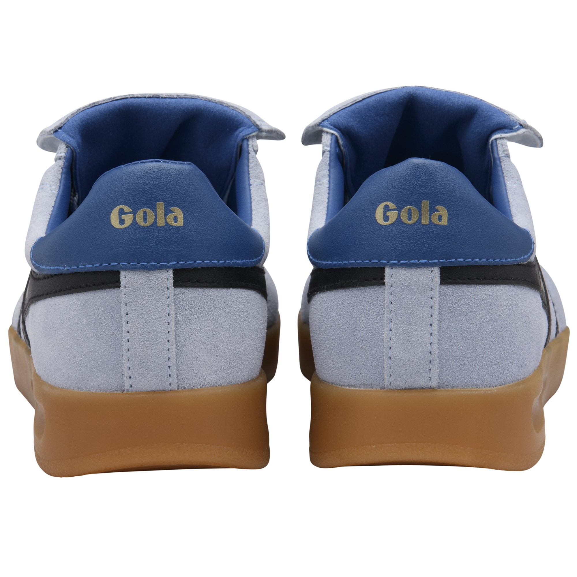 Rear view of two light blue suede Gola sneakers with blue trim and gum soles.
