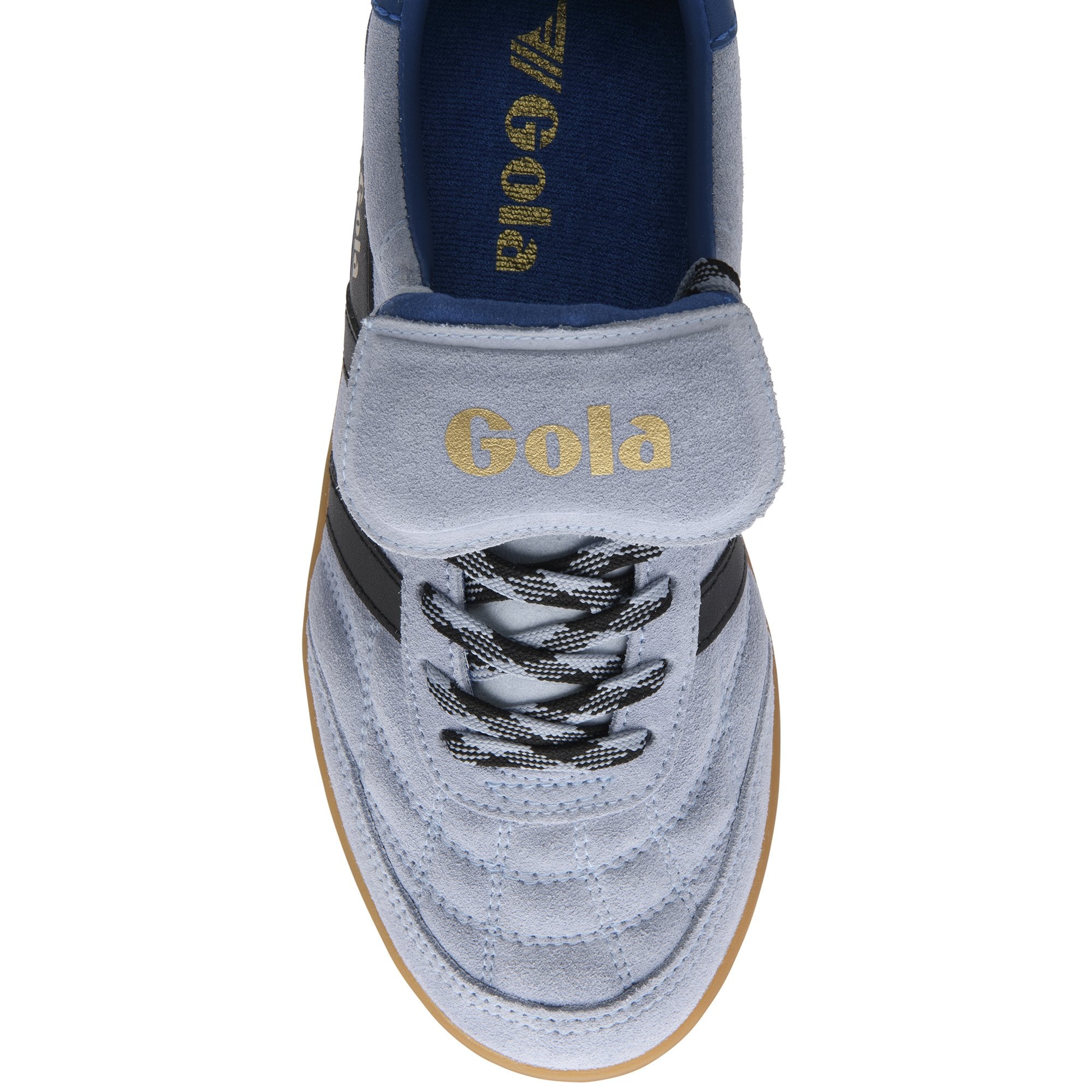 Top-down view of a light blue Gola sneaker with black laces and a gum sole.
