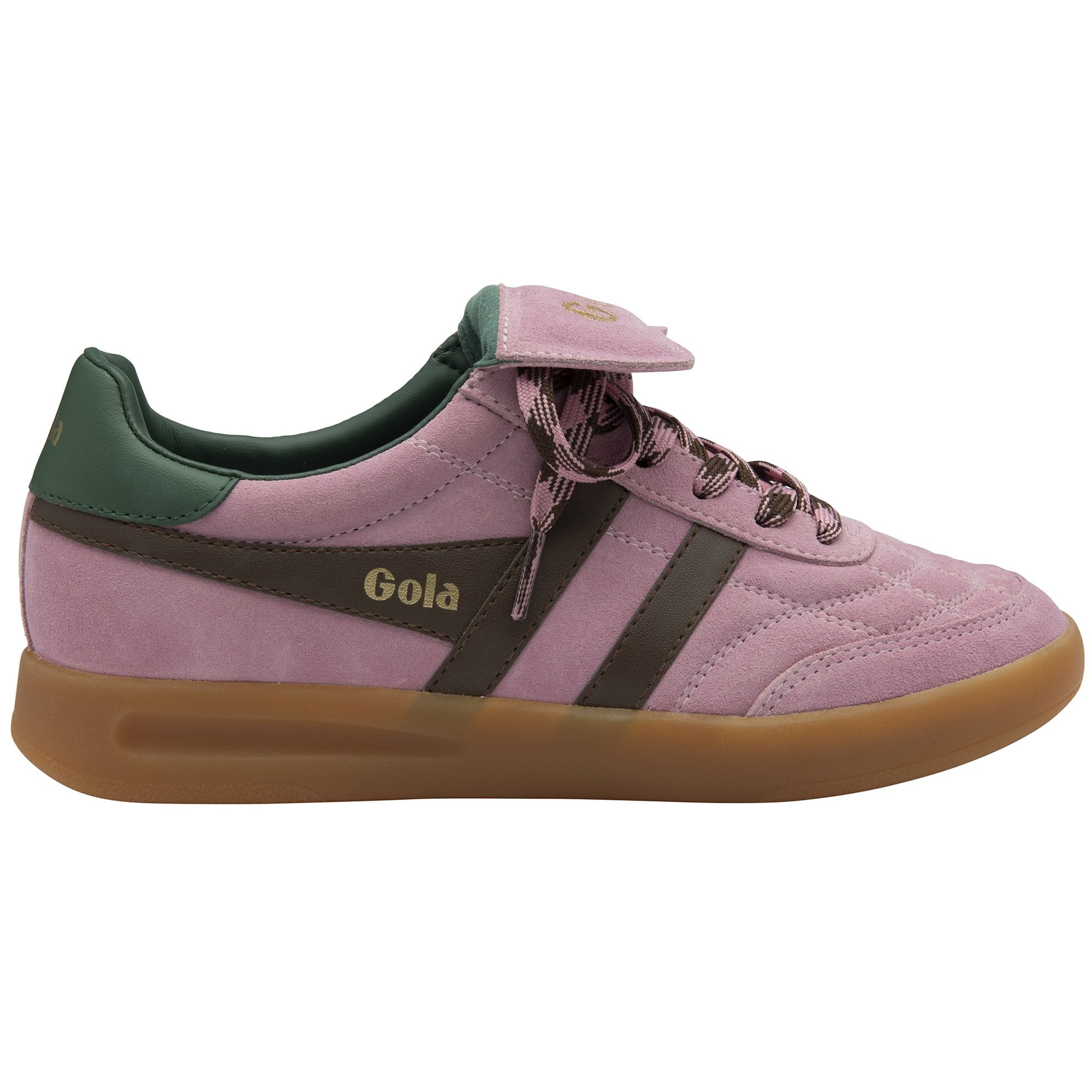 Pink Gola sneakers with dark brown stripes and laces, and a green heel and tongue, on a white background.