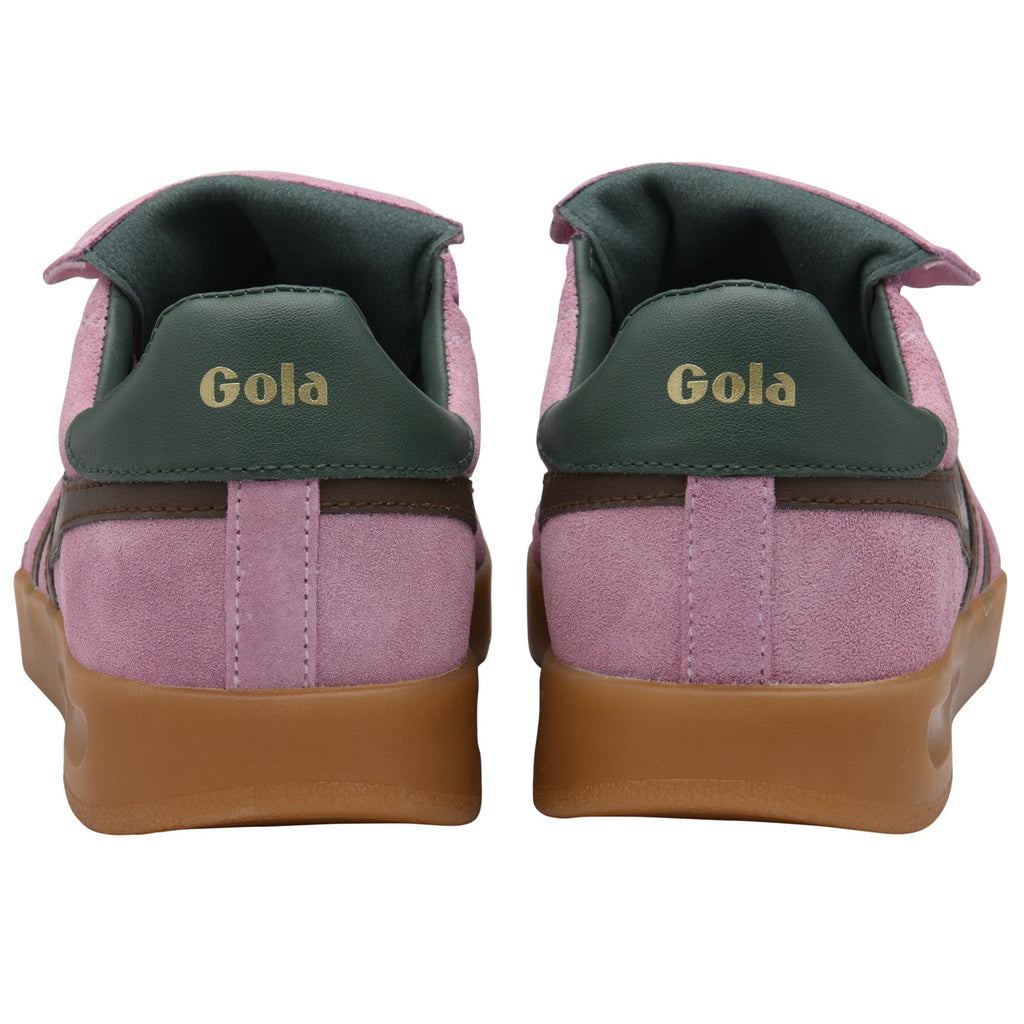 Pair of Gola Elan sneakers in pink suede with dark green heel tabs and gum soles