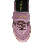 Top-down view of a pink suede Gola sneaker with brown laces and a brown stripe.