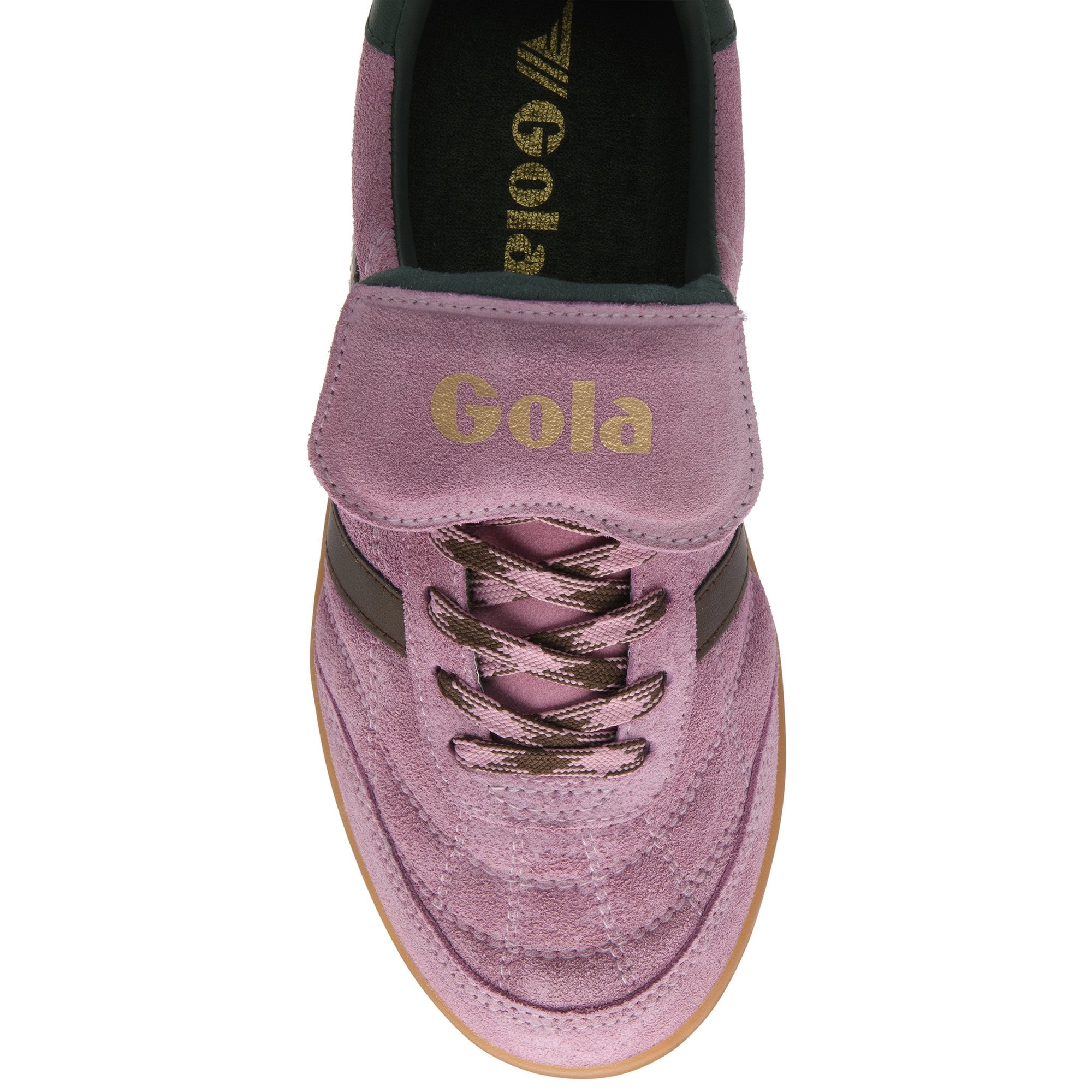 Top-down view of a pink suede Gola sneaker with brown laces and a brown stripe.