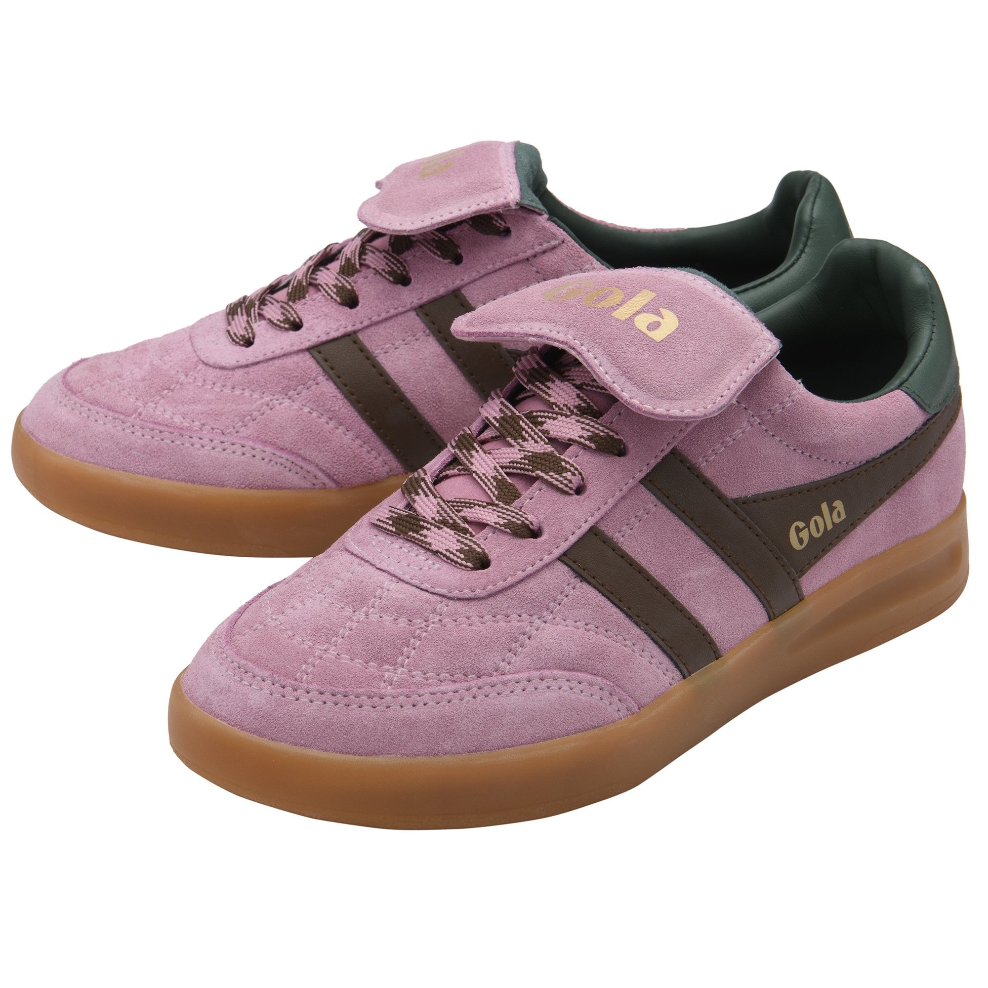 Pair of pink suede Gola sneakers with brown stripes, laces, and gum soles.