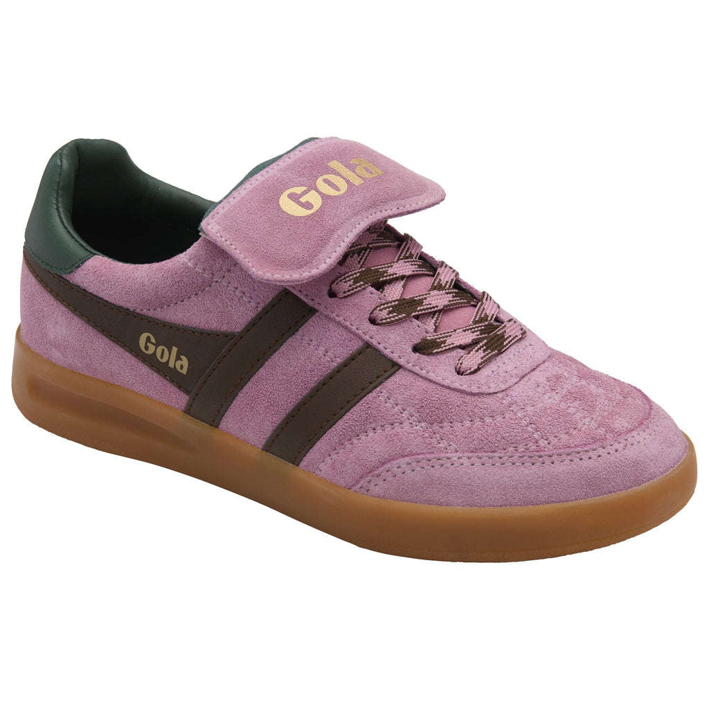 Pink Gola suede sneaker with dark brown stripes and laces, green heel trim, and a tan sole.