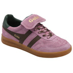Pink Gola suede sneaker with dark brown stripes and laces, green heel trim, and a tan sole.