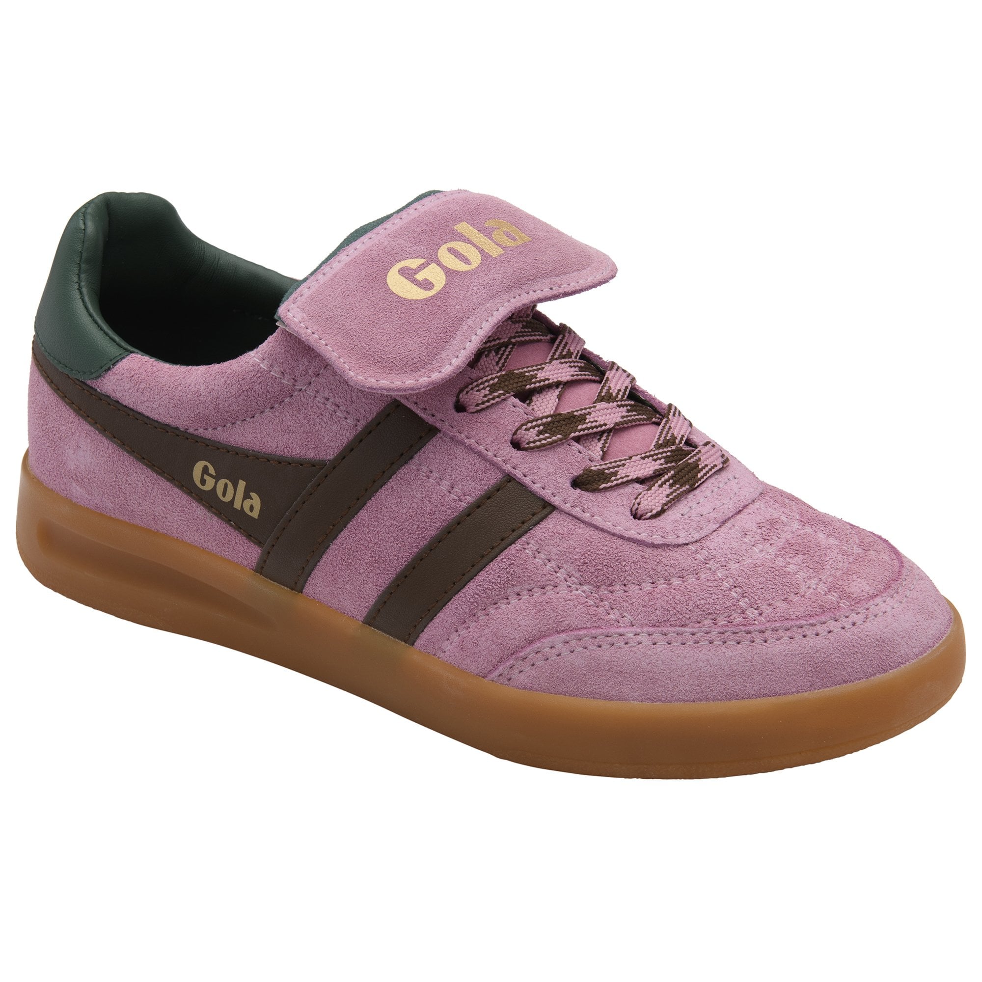 Pink Gola suede sneaker with dark brown stripes and laces, green heel trim, and a tan sole.