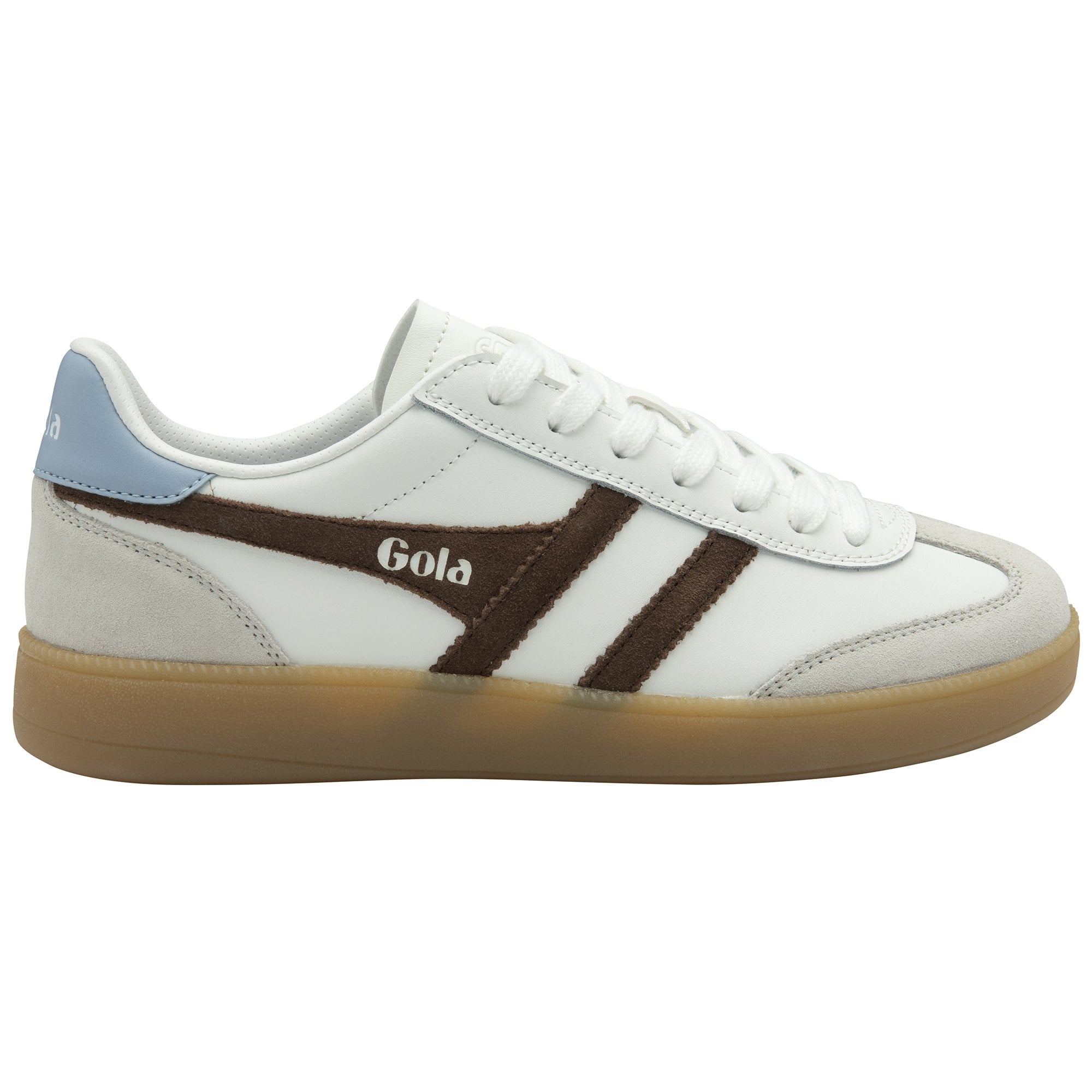 White Gola sneaker with brown stripes and a gum sole