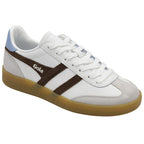 White Gola trainer with brown stripes, light blue heel accent, and gum sole