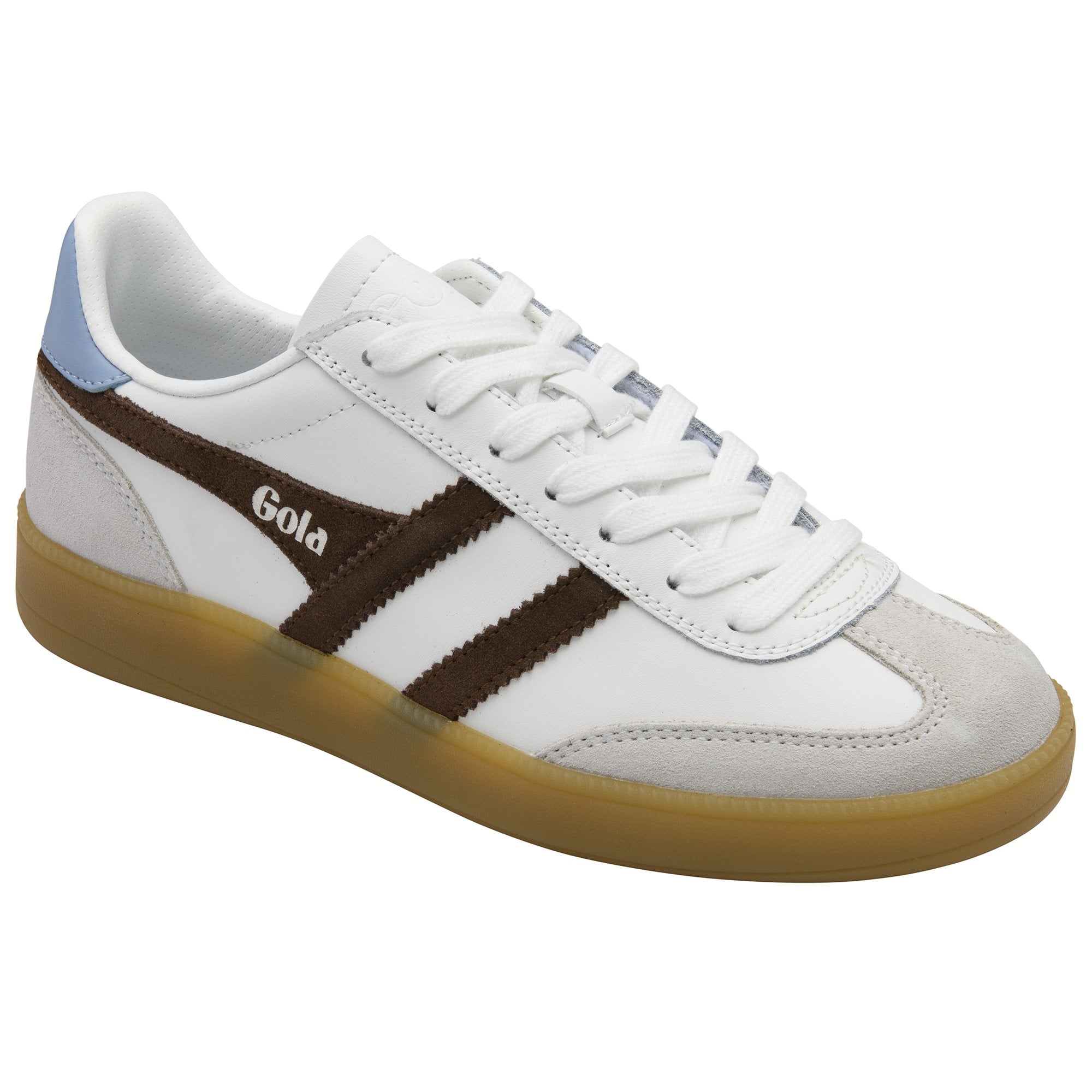 White Gola trainer with brown stripes, light blue heel accent, and gum sole